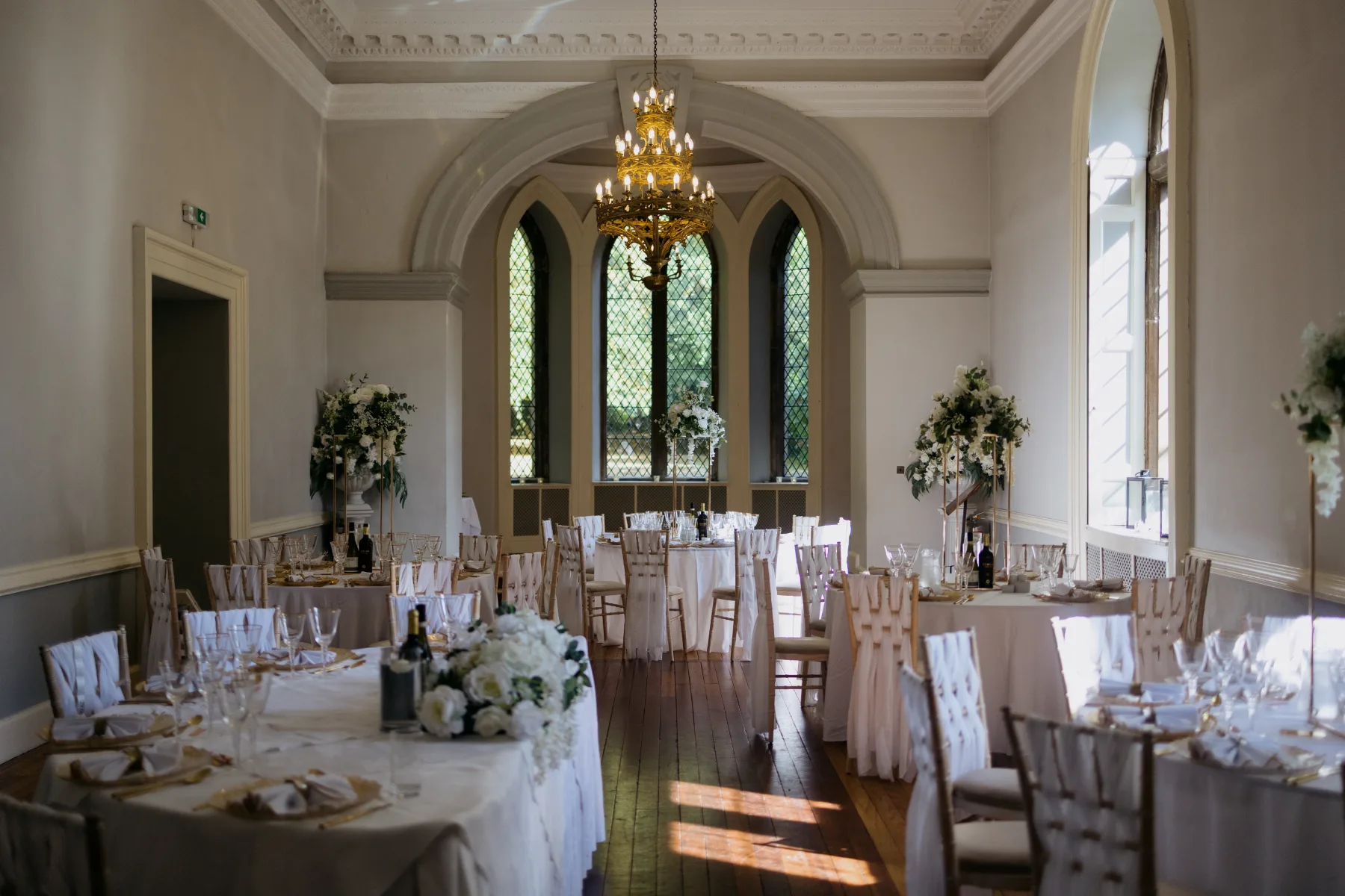Clearwell Castle Ballroom prepared for a wedding breakfast