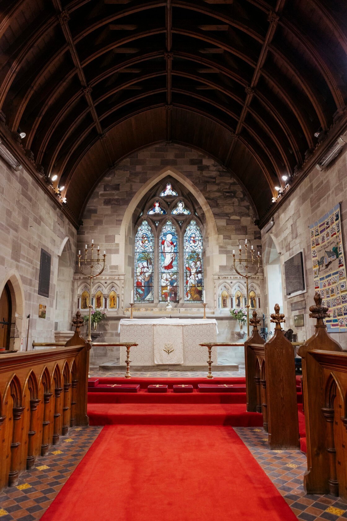 Historic church altar prepared for a country wedding ceremony