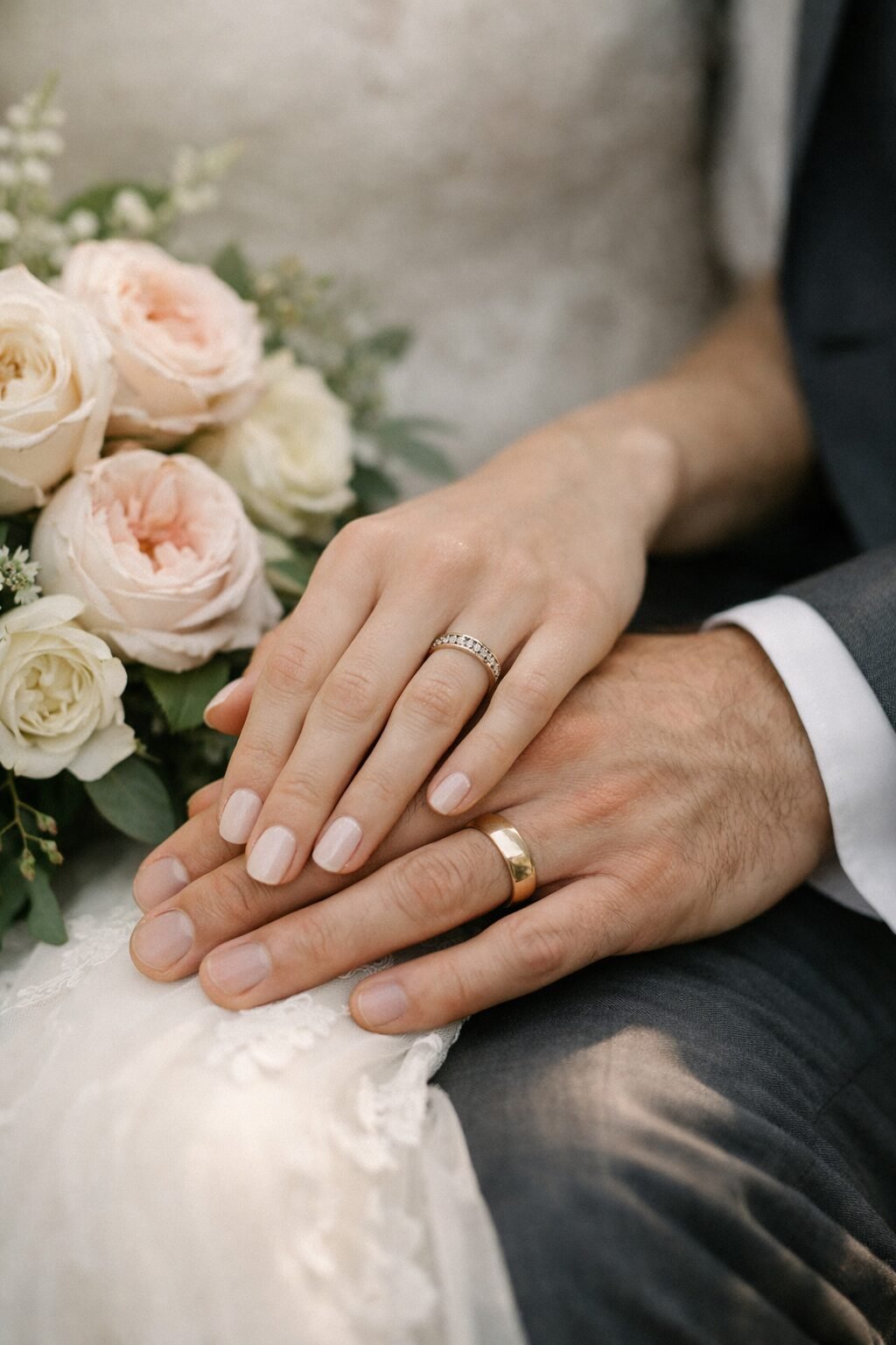 Newlyweds showing their wedding rings beside a pale bouquet
